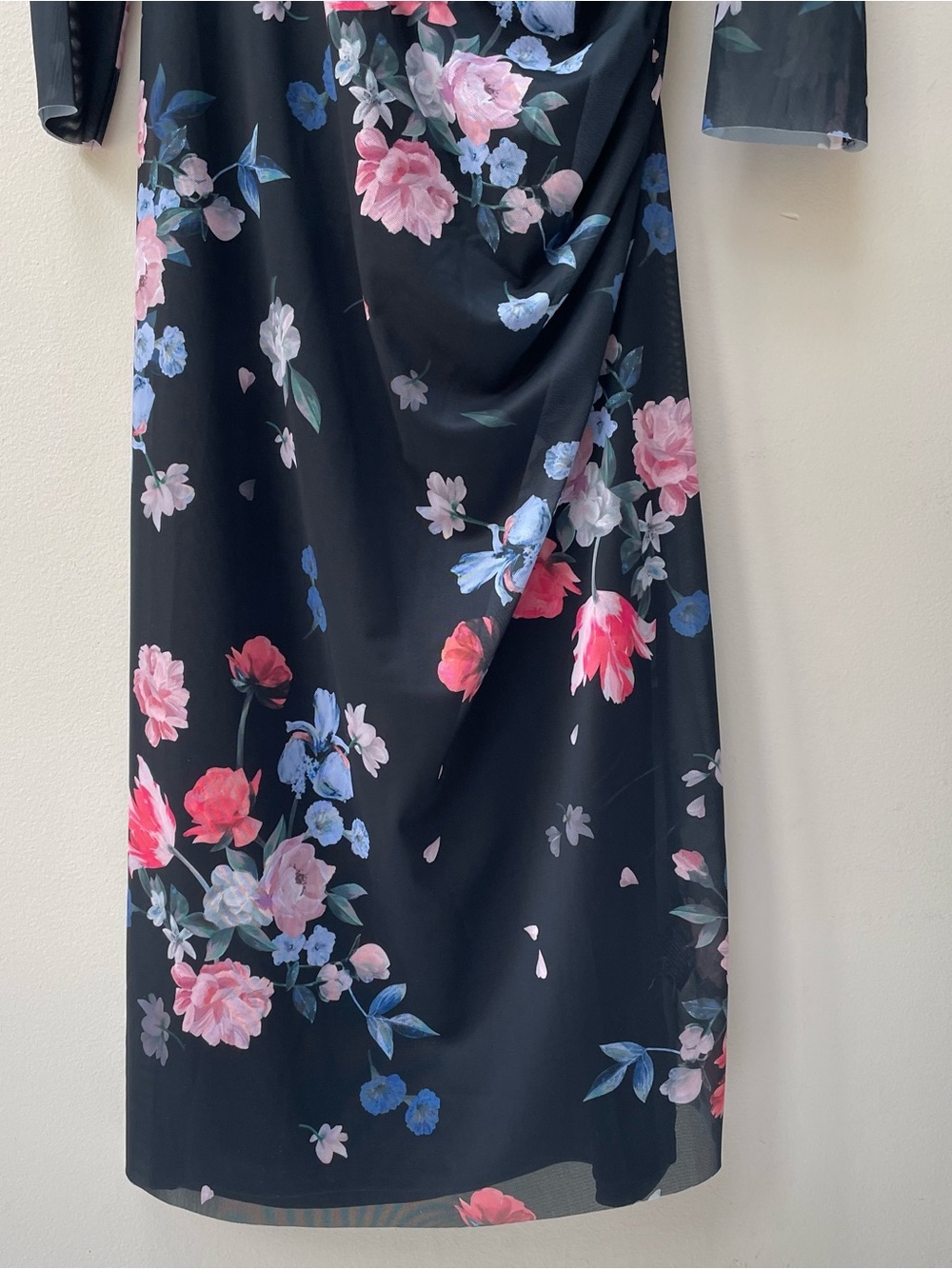 Ted Baker Black Floral Printed Mesh Column Dress Ruched Side Maxi Size L - Picture 5 of 11